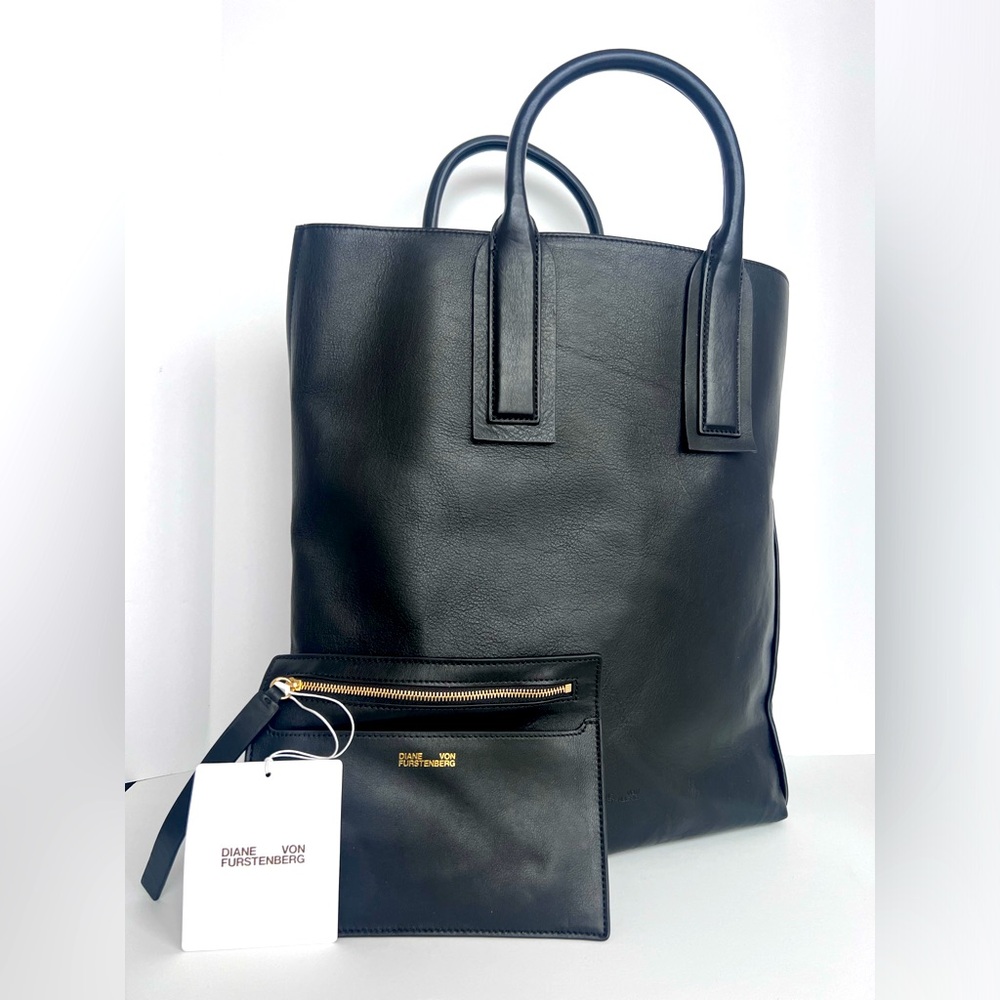 Diane Von Furstenberg (DVF) Black Leather North/South Tote & Pouch Set